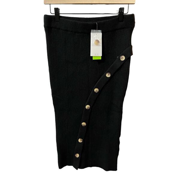 NWT Sam Edelman Black Ribbed Rosalie Button Front Midi Pencil Skirt Size M - Picture 1 of 11
